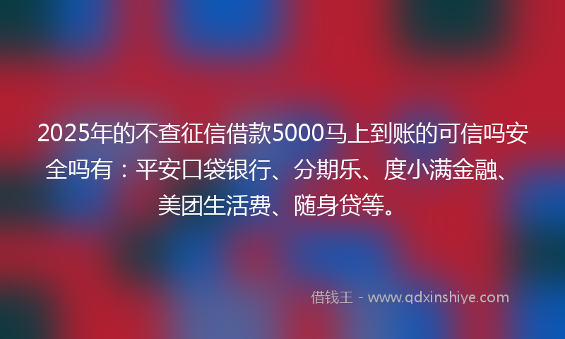 2025年的不查征信借款5000马上到账的可信吗安全吗有：平安口袋银行、分期乐、度小满金融、美团生活费、随身贷等。