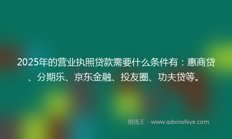 2025年的营业执照贷款需要什么条件有：惠商贷、分期乐、京东金融、投友圈、功夫贷等。