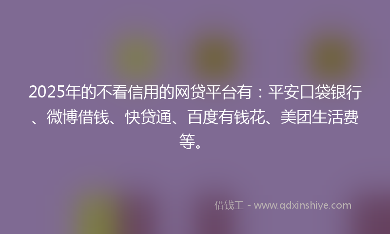 2025年的不看信用的网贷平台有：平安口袋银行、微博借钱、快贷通、百度有钱花、美团生活费等。