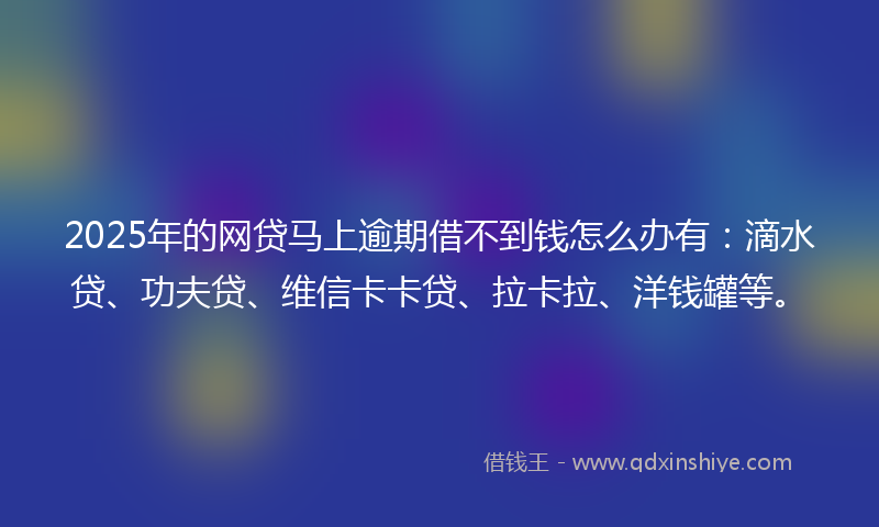 2025年的网贷马上逾期借不到钱怎么办有：滴水贷、功夫贷、维信卡卡贷、拉卡拉、洋钱罐等。