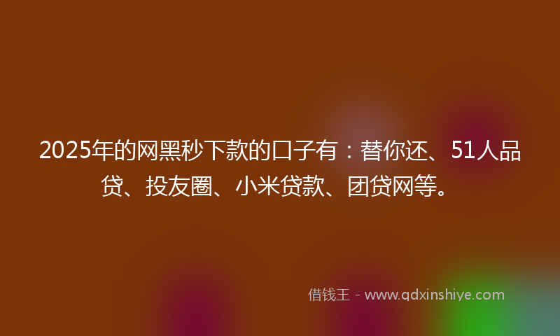2025年的网黑秒下款的口子有：替你还、51人品贷、投友圈、小米贷款、团贷网等。