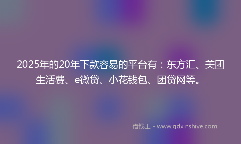 2025年的20年下款容易的平台有：东方汇、美团生活费、e微贷、小花钱包、团贷网等。
