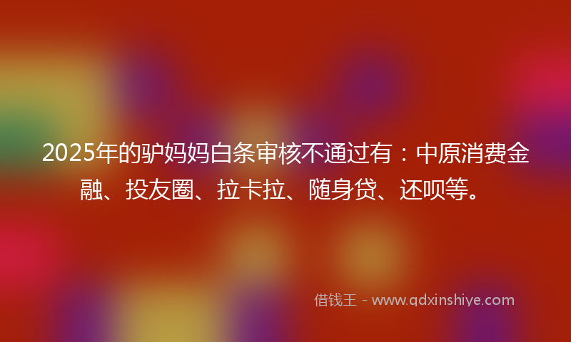 2025年的驴妈妈白条审核不通过有：中原消费金融、投友圈、拉卡拉、随身贷、还呗等。