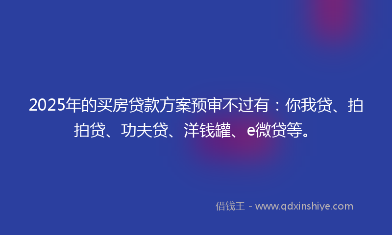 2025年的买房贷款方案预审不过有：你我贷、拍拍贷、功夫贷、洋钱罐、e微贷等。