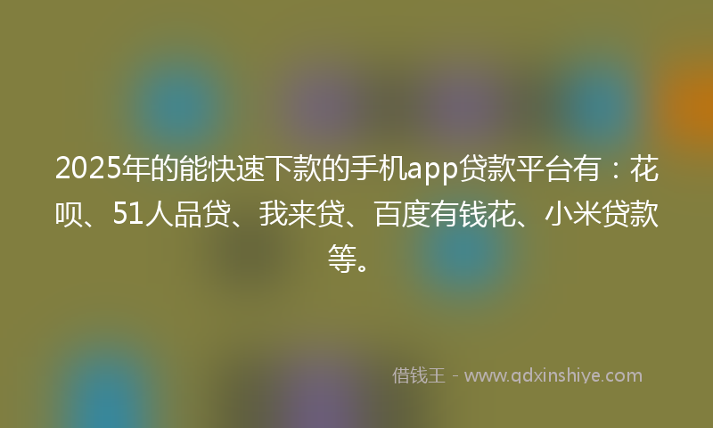 2025年的能快速下款的手机app贷款平台有：花呗、51人品贷、我来贷、百度有钱花、小米贷款等。