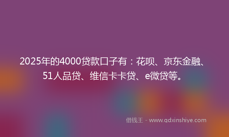 2025年的4000贷款口子有：花呗、京东金融、51人品贷、维信卡卡贷、e微贷等。