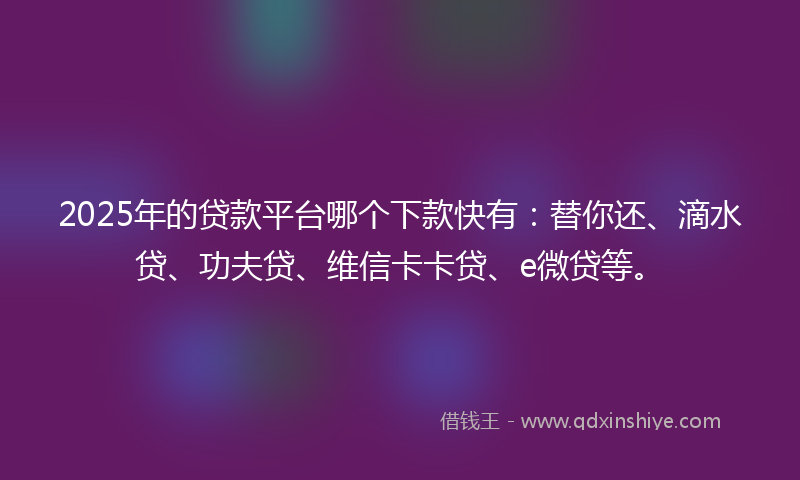2025年的贷款平台哪个下款快有：替你还、滴水贷、功夫贷、维信卡卡贷、e微贷等。