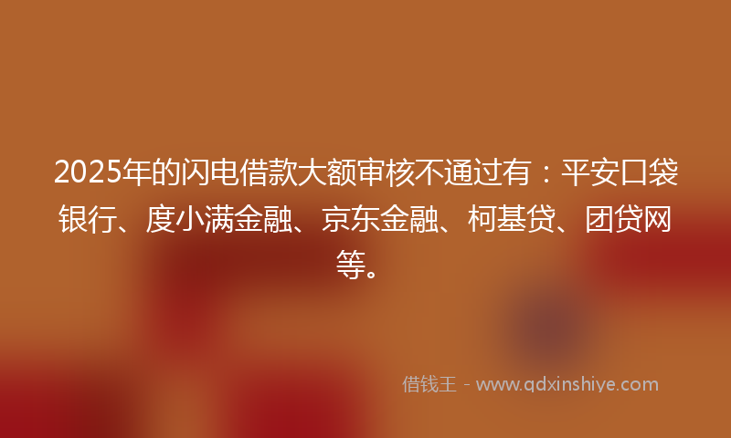 2025年的闪电借款大额审核不通过有：平安口袋银行、度小满金融、京东金融、柯基贷、团贷网等。