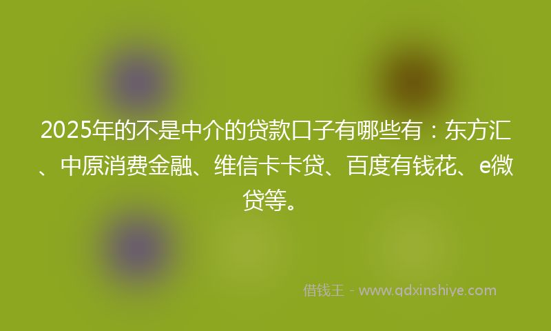 2025年的不是中介的贷款口子有哪些有：东方汇、中原消费金融、维信卡卡贷、百度有钱花、e微贷等。