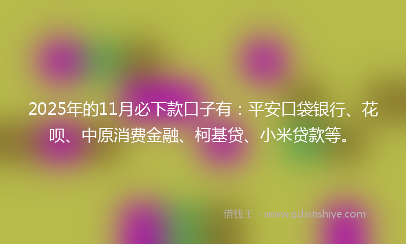 2025年的11月必下款口子有：平安口袋银行、花呗、中原消费金融、柯基贷、小米贷款等。