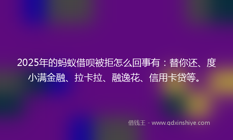 2025年的蚂蚁借呗被拒怎么回事有：替你还、度小满金融、拉卡拉、融逸花、信用卡贷等。