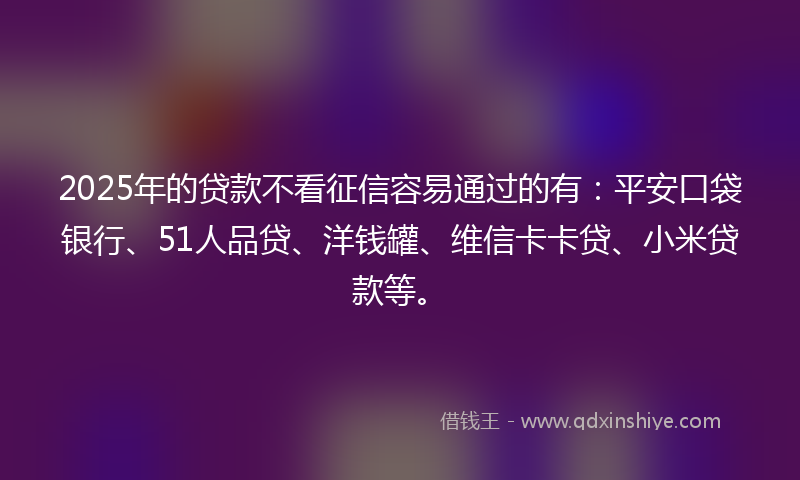 2025年的贷款不看征信容易通过的有：平安口袋银行、51人品贷、洋钱罐、维信卡卡贷、小米贷款等。