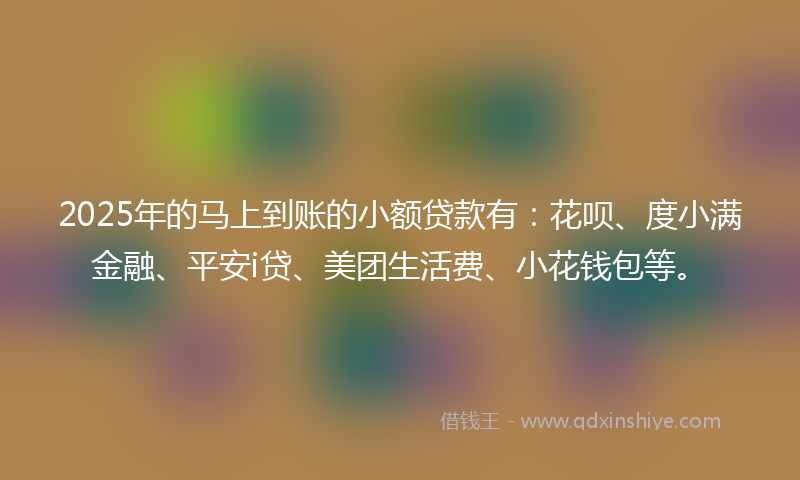 2025年的马上到账的小额贷款有：花呗、度小满金融、平安i贷、美团生活费、小花钱包等。