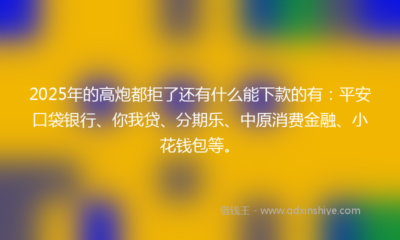 2025年的高炮都拒了还有什么能下款的有：平安口袋银行、你我贷、分期乐、中原消费金融、小花钱包等。
