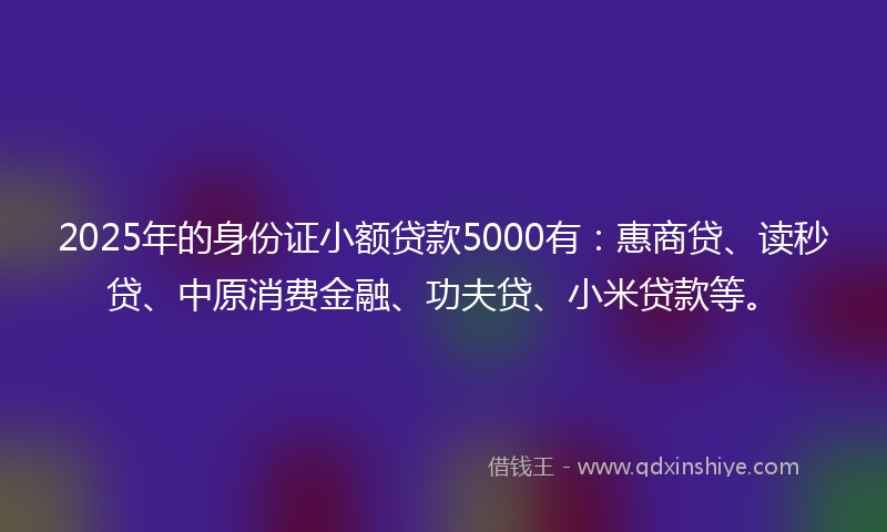 2025年的身份证小额贷款5000有：惠商贷、读秒贷、中原消费金融、功夫贷、小米贷款等。