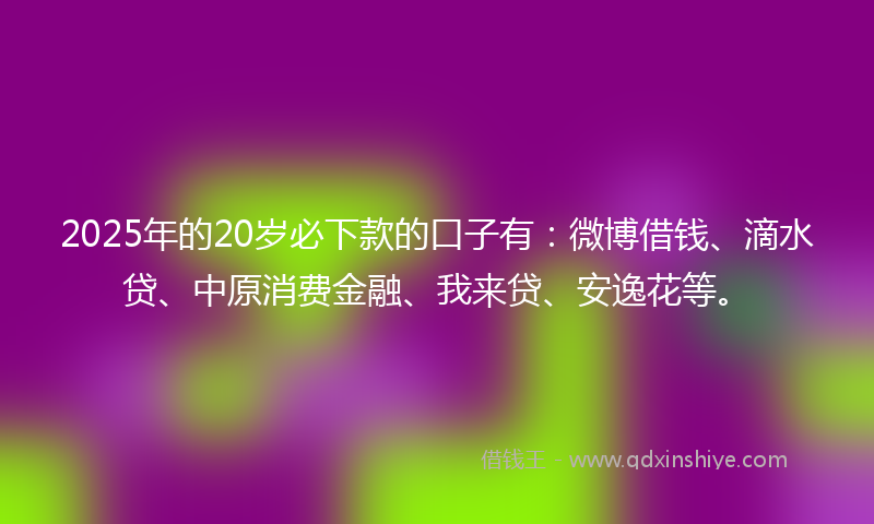 2025年的20岁必下款的口子有：微博借钱、滴水贷、中原消费金融、我来贷、安逸花等。