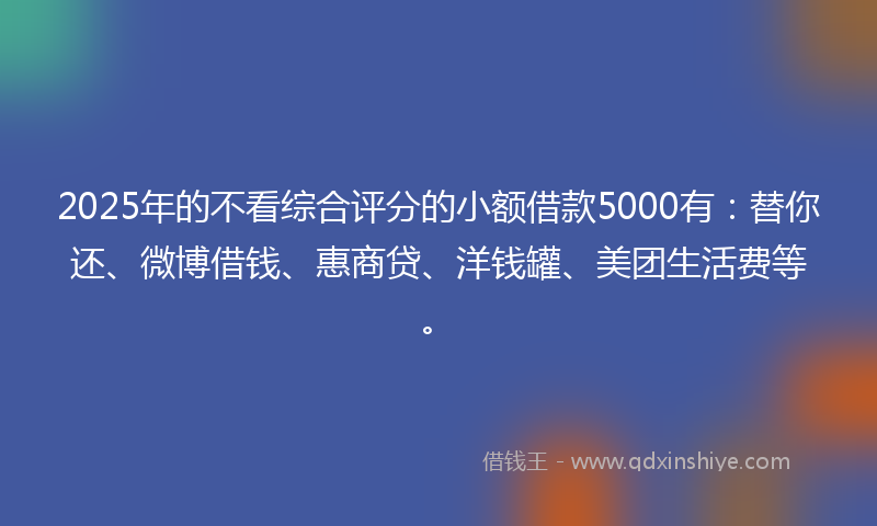 2025年的不看综合评分的小额借款5000有：替你还、微博借钱、惠商贷、洋钱罐、美团生活费等。