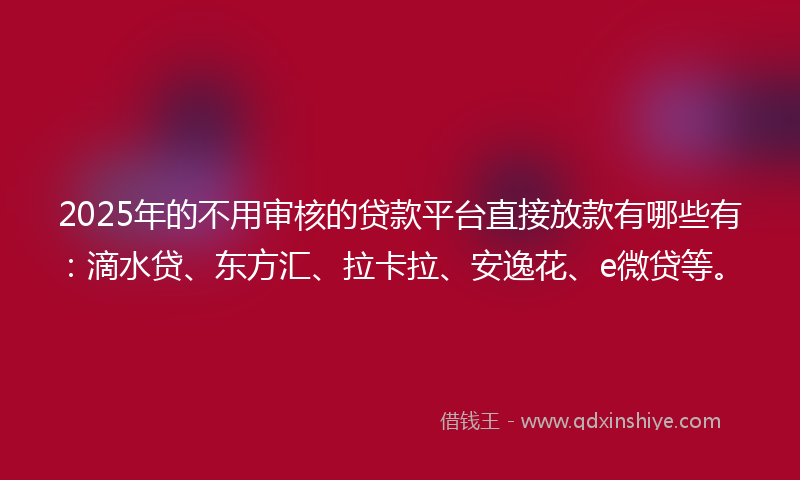 2025年的不用审核的贷款平台直接放款有哪些有：滴水贷、东方汇、拉卡拉、安逸花、e微贷等。