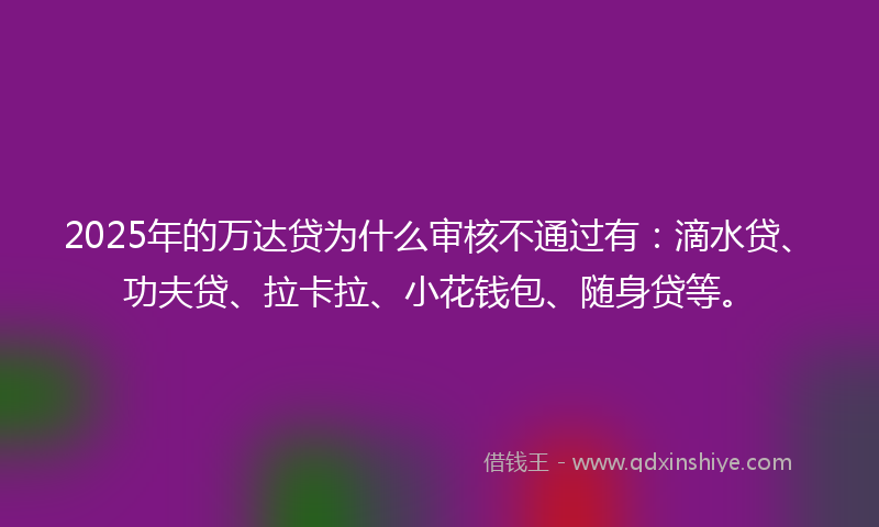 2025年的万达贷为什么审核不通过有：滴水贷、功夫贷、拉卡拉、小花钱包、随身贷等。