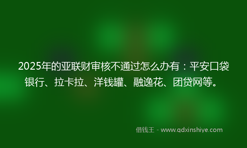 2025年的亚联财审核不通过怎么办有：平安口袋银行、拉卡拉、洋钱罐、融逸花、团贷网等。