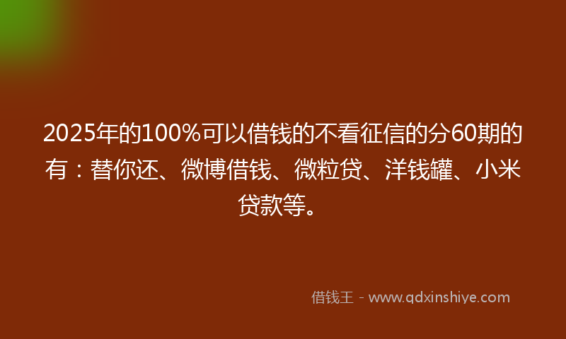 2025年的100%可以借钱的不看征信的分60期的有：替你还、微博借钱、微粒贷、洋钱罐、小米贷款等。