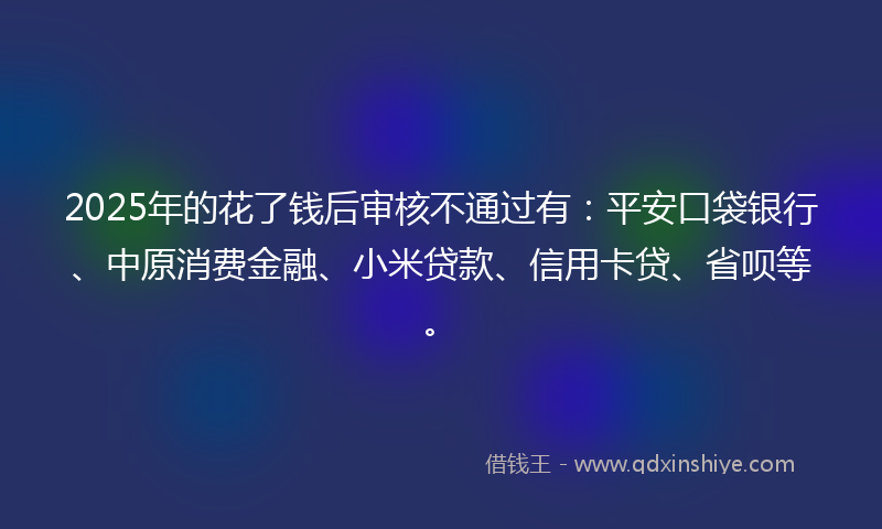 2025年的花了钱后审核不通过有：平安口袋银行、中原消费金融、小米贷款、信用卡贷、省呗等。