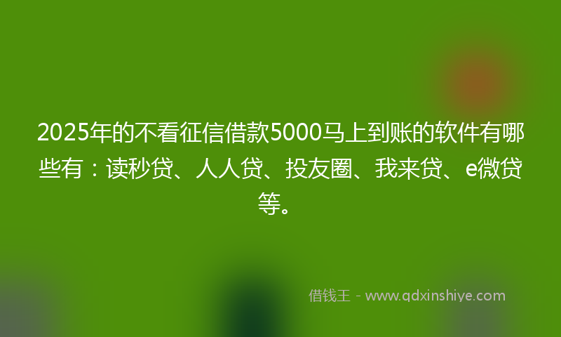 2025年的不看征信借款5000马上到账的软件有哪些有：读秒贷、人人贷、投友圈、我来贷、e微贷等。