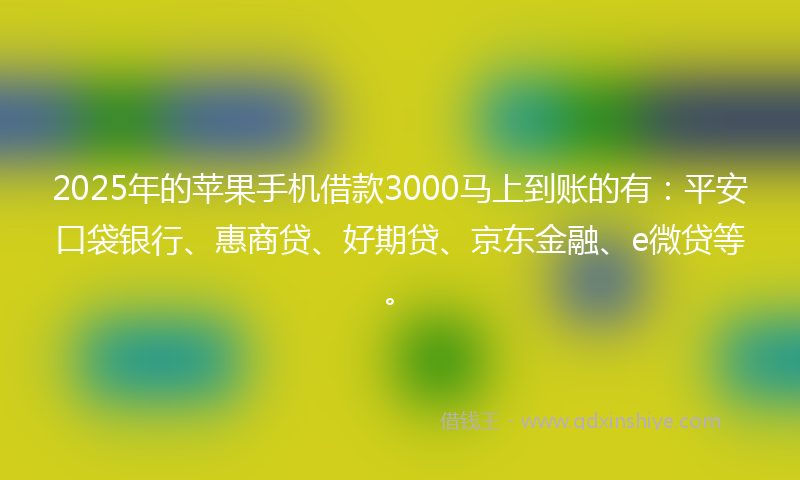 2025年的苹果手机借款3000马上到账的有：平安口袋银行、惠商贷、好期贷、京东金融、e微贷等。