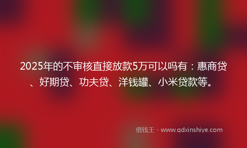 2025年的不审核直接放款5万可以吗有：惠商贷、好期贷、功夫贷、洋钱罐、小米贷款等。