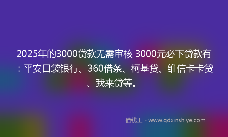 2025年的3000贷款无需审核 3000元必下贷款有：平安口袋银行、360借条、柯基贷、维信卡卡贷、我来贷等。