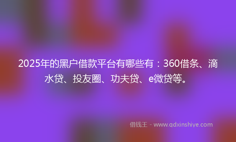 2025年的黑户借款平台有哪些有：360借条、滴水贷、投友圈、功夫贷、e微贷等。