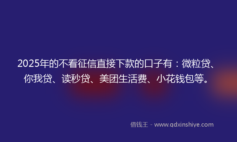 2025年的不看征信直接下款的口子有：微粒贷、你我贷、读秒贷、美团生活费、小花钱包等。