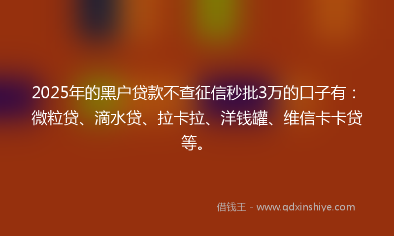 2025年的黑户贷款不查征信秒批3万的口子有：微粒贷、滴水贷、拉卡拉、洋钱罐、维信卡卡贷等。
