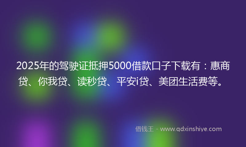 2025年的驾驶证抵押5000借款口子下载有：惠商贷、你我贷、读秒贷、平安i贷、美团生活费等。