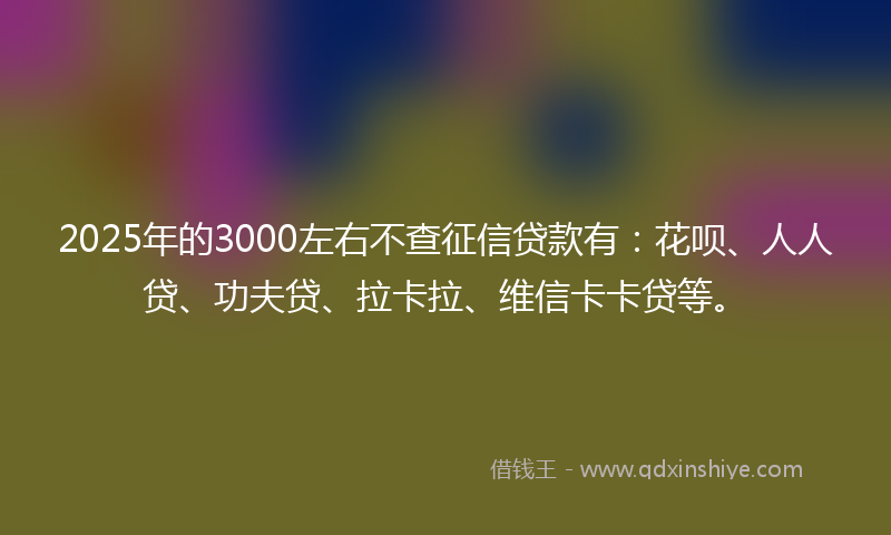 2025年的3000左右不查征信贷款有：花呗、人人贷、功夫贷、拉卡拉、维信卡卡贷等。