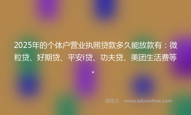 2025年的个体户营业执照贷款多久能放款有：微粒贷、好期贷、平安i贷、功夫贷、美团生活费等。
