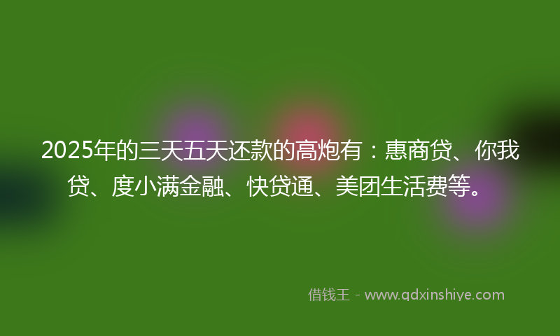 2025年的三天五天还款的高炮有：惠商贷、你我贷、度小满金融、快贷通、美团生活费等。