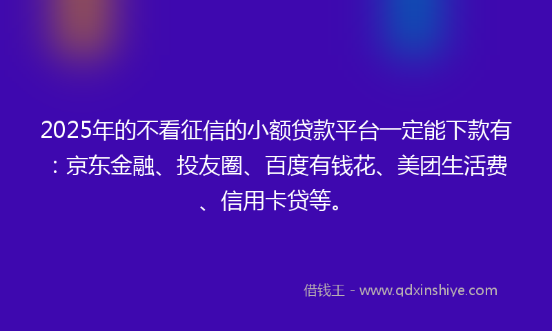 2025年的不看征信的小额贷款平台一定能下款有：京东金融、投友圈、百度有钱花、美团生活费、信用卡贷等。
