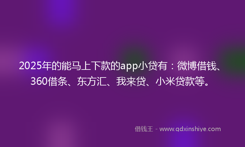 2025年的能马上下款的app小贷有：微博借钱、360借条、东方汇、我来贷、小米贷款等。