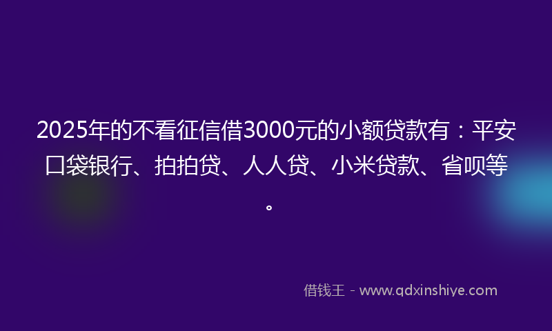 2025年的不看征信借3000元的小额贷款有：平安口袋银行、拍拍贷、人人贷、小米贷款、省呗等。