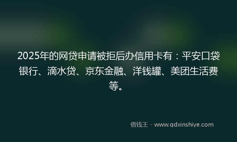 2025年的网贷申请被拒后办信用卡有：平安口袋银行、滴水贷、京东金融、洋钱罐、美团生活费等。