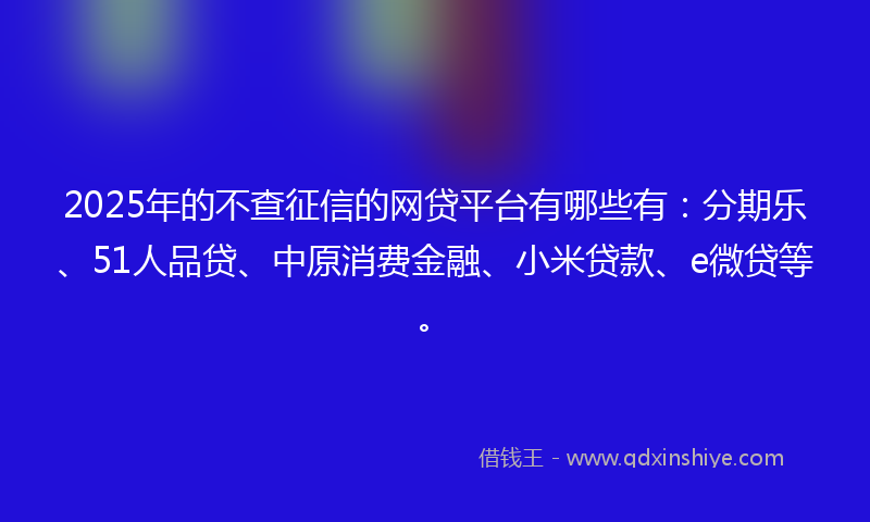 2025年的不查征信的网贷平台有哪些有：分期乐、51人品贷、中原消费金融、小米贷款、e微贷等。
