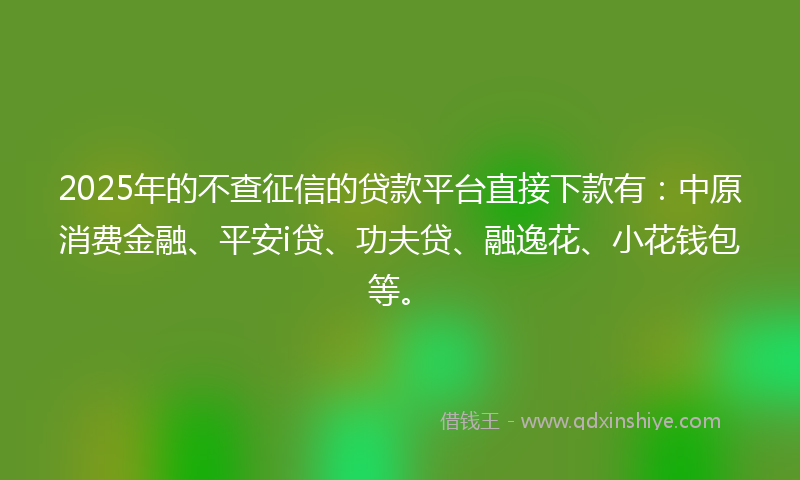 2025年的不查征信的贷款平台直接下款有：中原消费金融、平安i贷、功夫贷、融逸花、小花钱包等。
