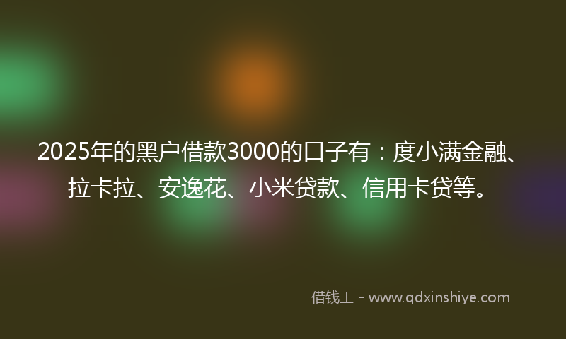 2025年的黑户借款3000的口子有：度小满金融、拉卡拉、安逸花、小米贷款、信用卡贷等。