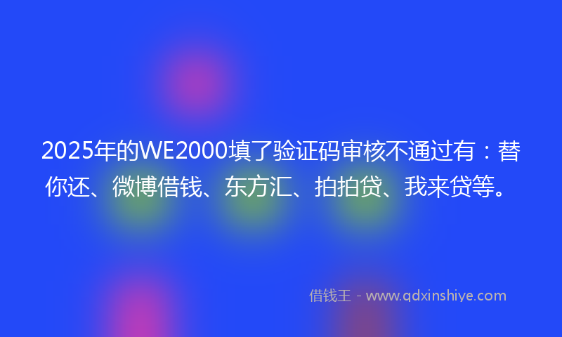 2025年的WE2000填了验证码审核不通过有：替你还、微博借钱、东方汇、拍拍贷、我来贷等。