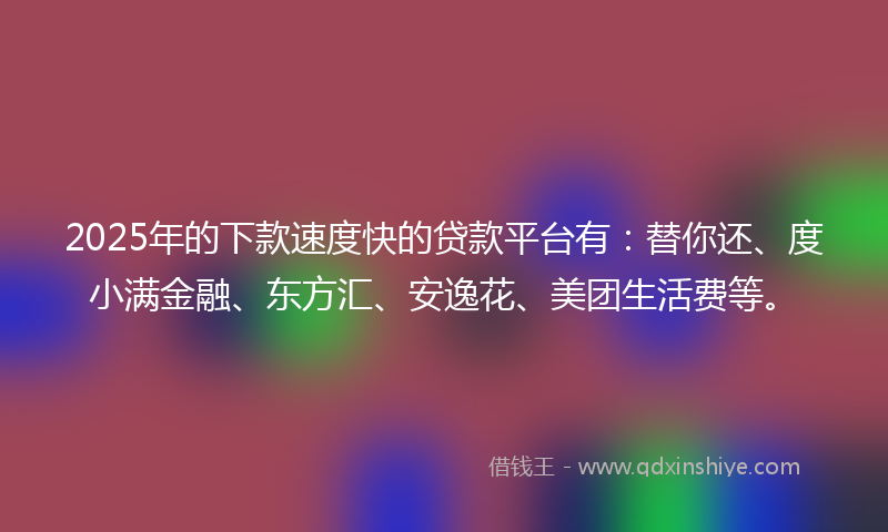 2025年的下款速度快的贷款平台有：替你还、度小满金融、东方汇、安逸花、美团生活费等。