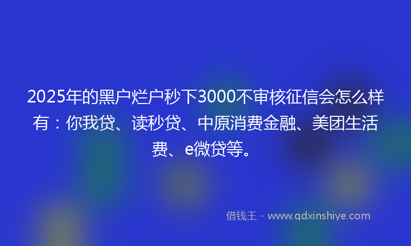 2025年的黑户烂户秒下3000不审核征信会怎么样有：你我贷、读秒贷、中原消费金融、美团生活费、e微贷等。