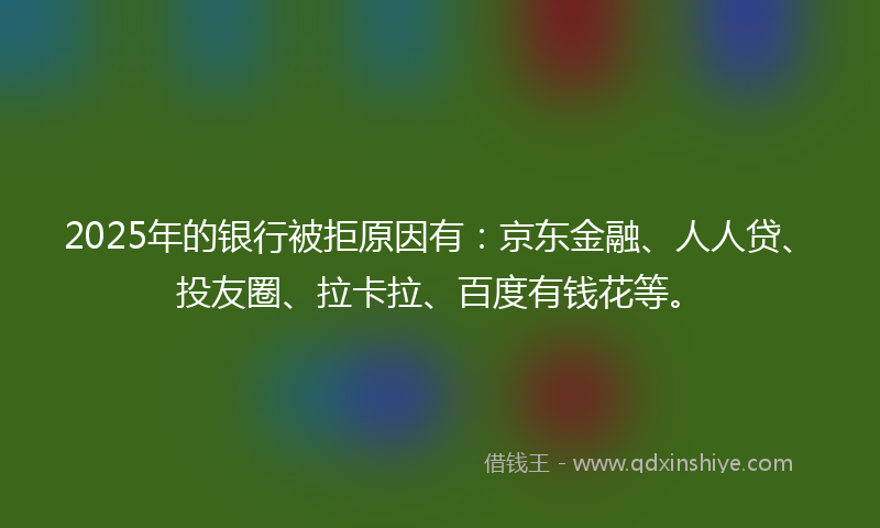 2025年的银行被拒原因有：京东金融、人人贷、投友圈、拉卡拉、百度有钱花等。