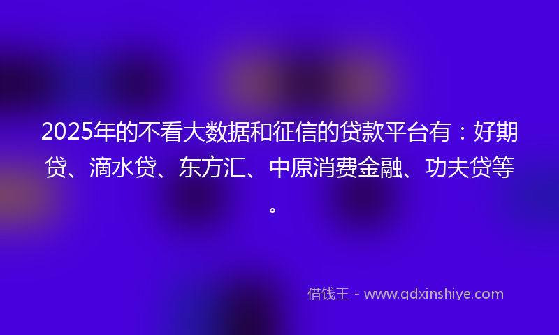 2025年的不看大数据和征信的贷款平台有：好期贷、滴水贷、东方汇、中原消费金融、功夫贷等。