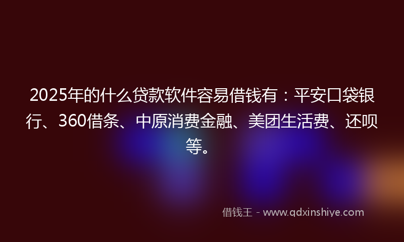 2025年的什么贷款软件容易借钱有：平安口袋银行、360借条、中原消费金融、美团生活费、还呗等。